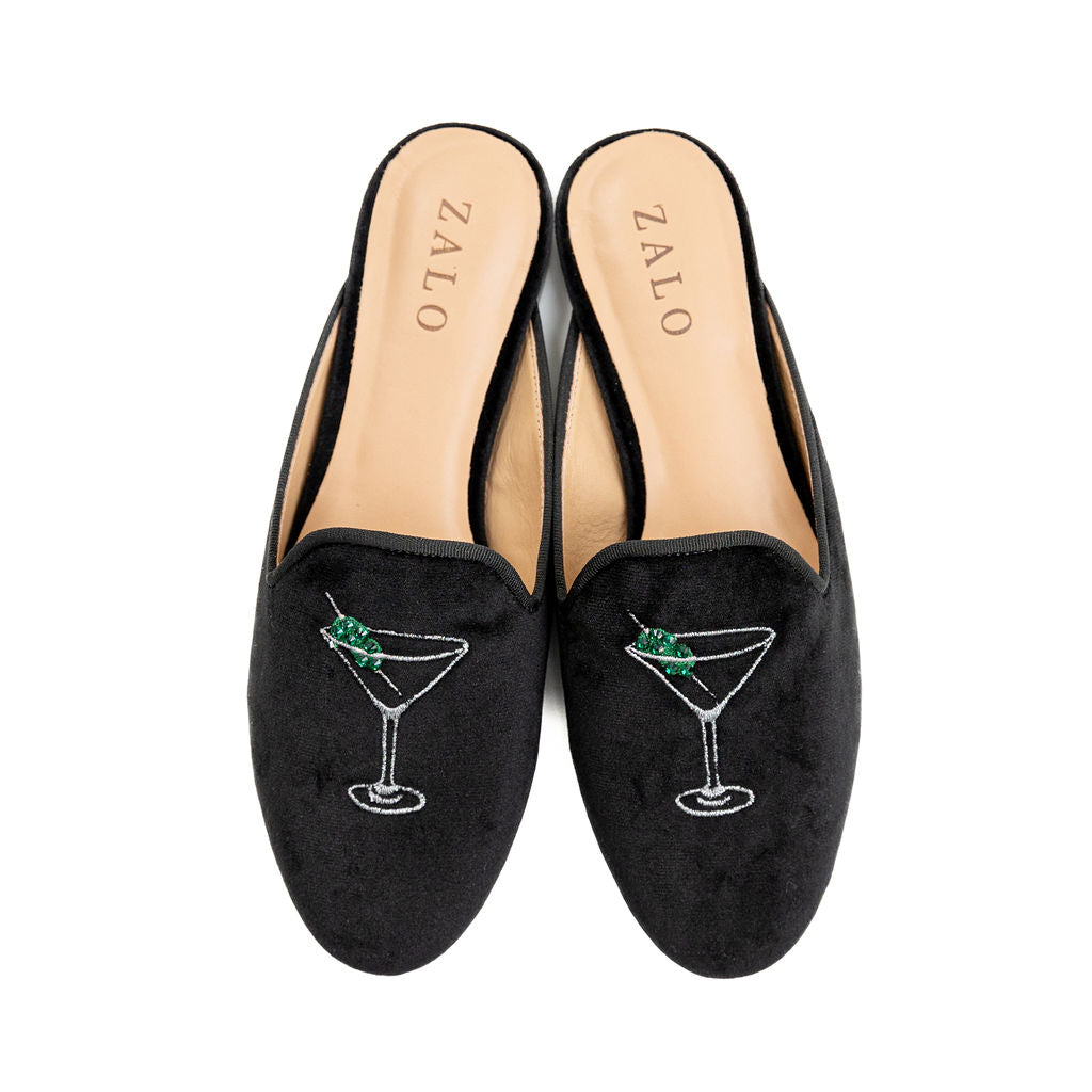 Martini Embroidered Black Velvet Smoking Mule | House of ZALO